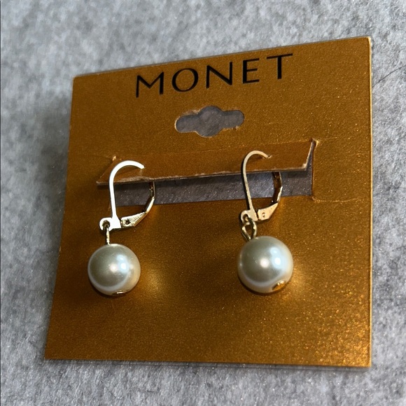 Monet White Simulated Pearl Gold Tone Leverback Drop Earrings - Picture 7 of 9